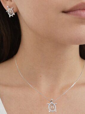 Turtle Studs Earrings and Necklace Set Cubic Zirconia Crystals Silver Toned NWT